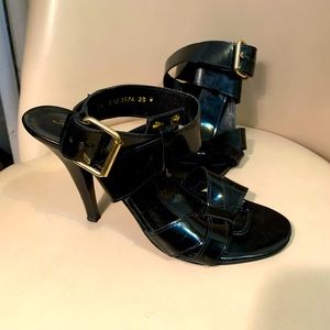 Robert Clergerie Womens Blk Patent Gladiator Ankle Wrap Gold Buckle Sandals